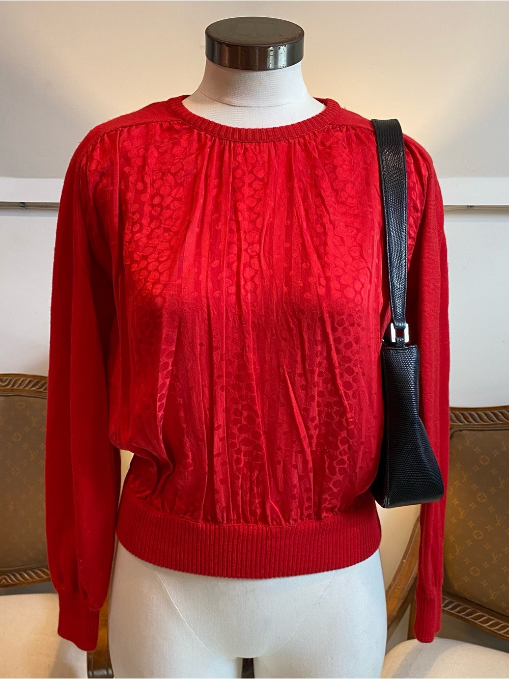 Vintage 80s Valentino Red 100% Silk Animal Print Long Sleeve Blouse Top M